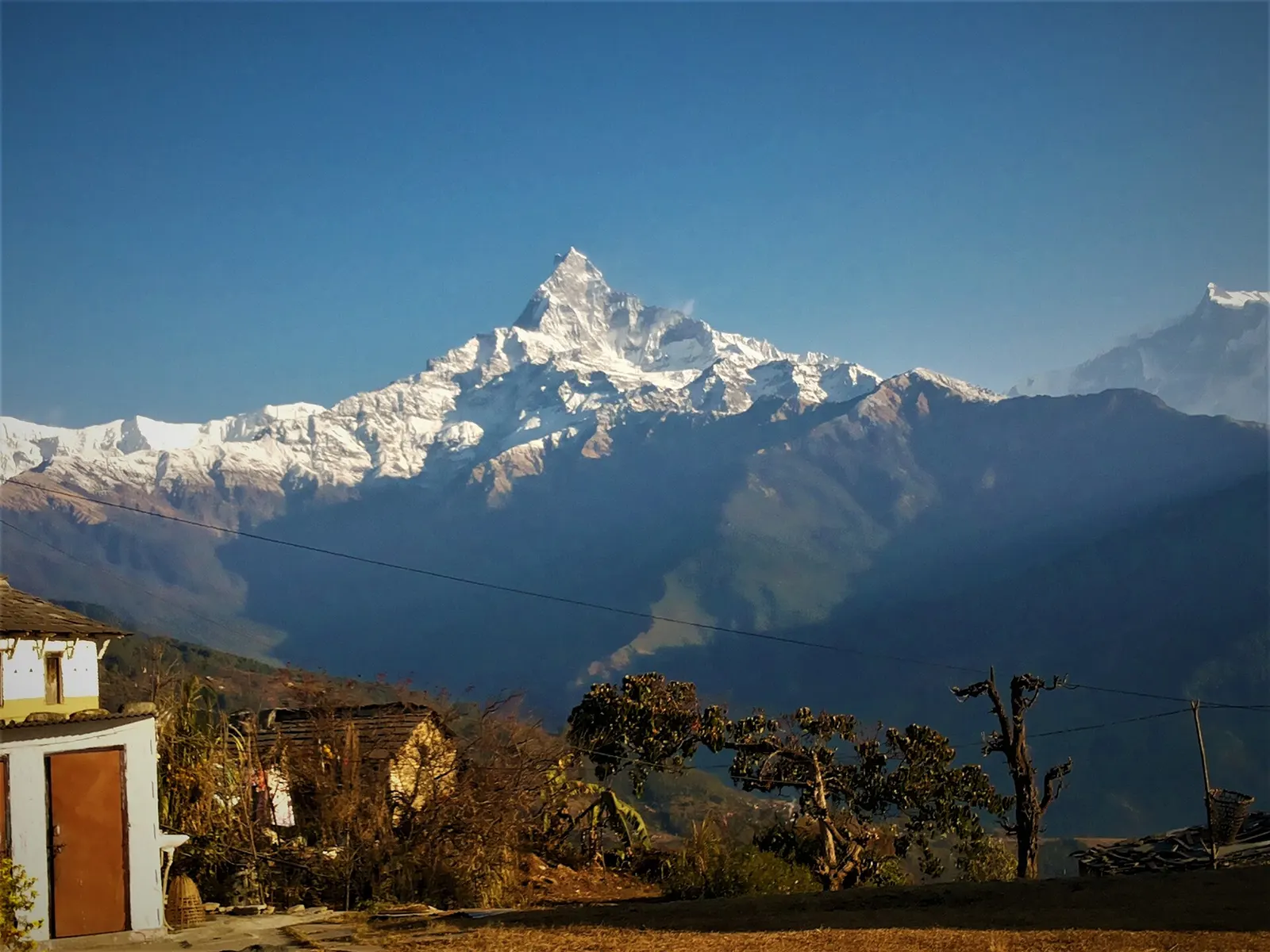 Machhapuchhre and the Annapurna range above forested ridges, seen from Australian Camp.