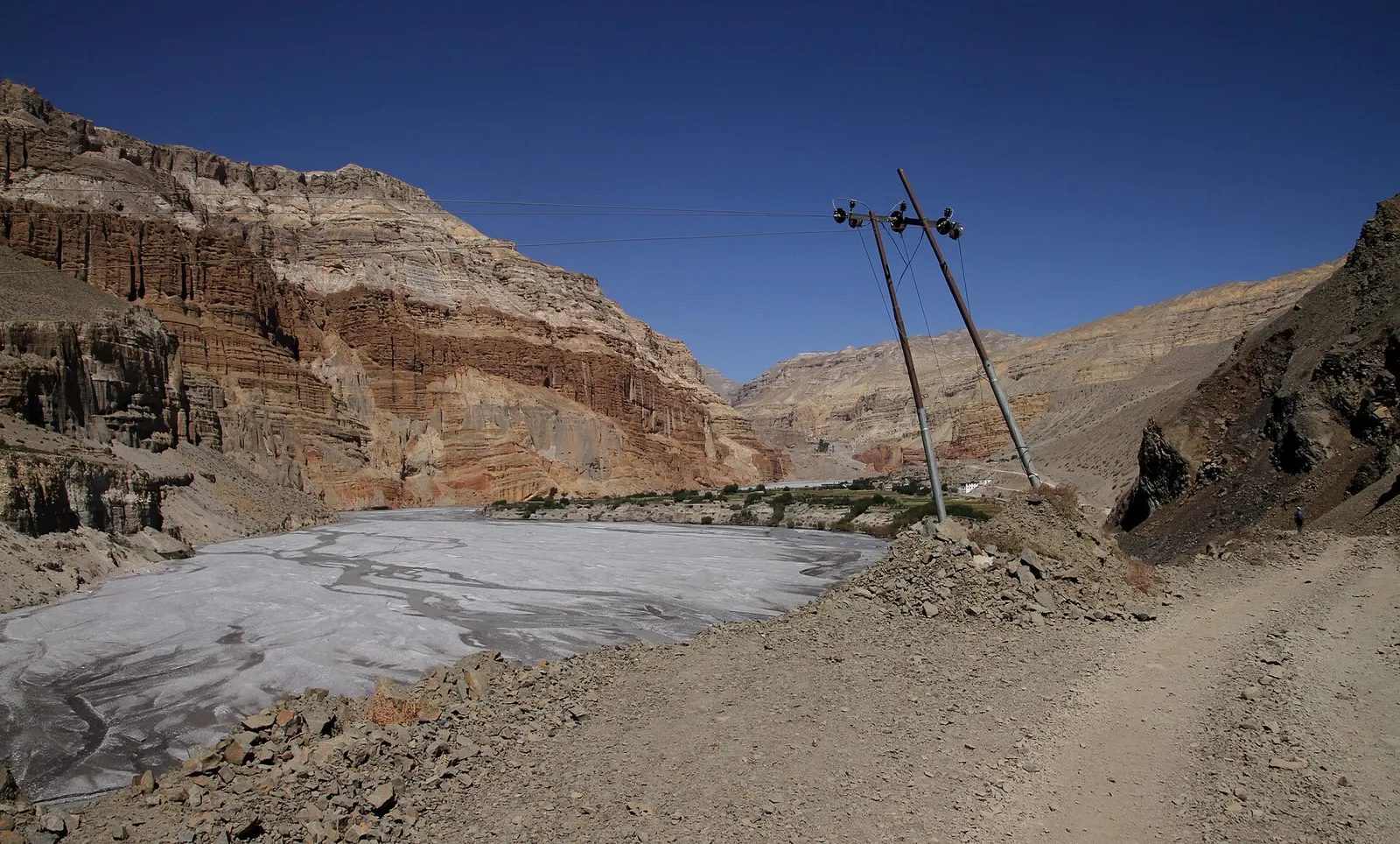 The braided Kali Gandaki riverbed near Chhusang, flanked by eroded cliffs.