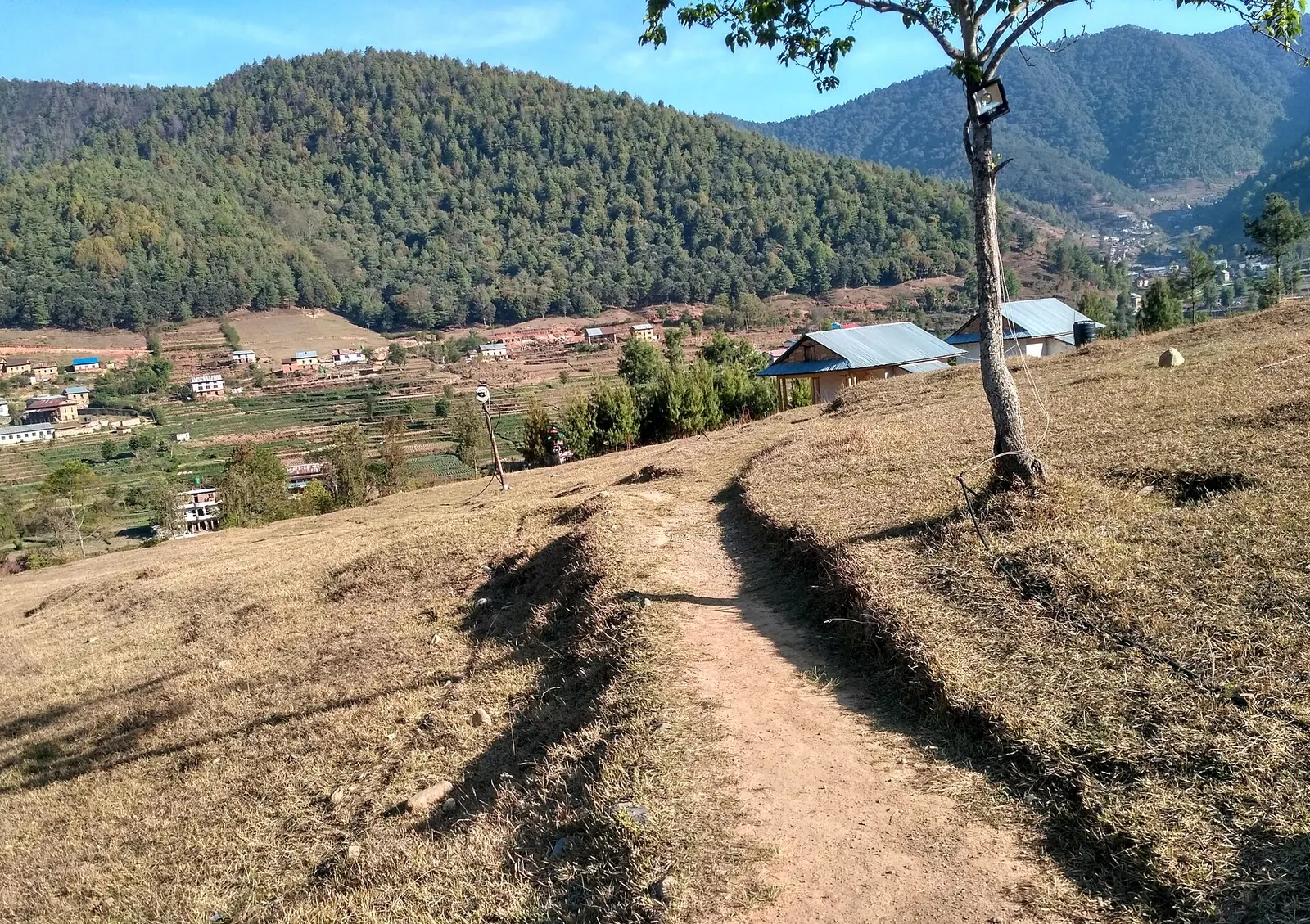 Overview of the Chitlang valley with fields and scattered houses.