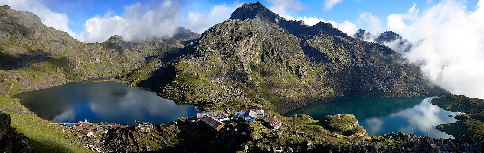 Panorama of Gosaikunda and the neighbouring Bhairab Kunda lake.