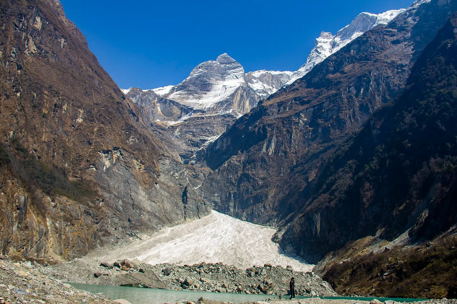 Grey-green water of Kapuche Lake below the avalanche slopes of the Annapurna range.