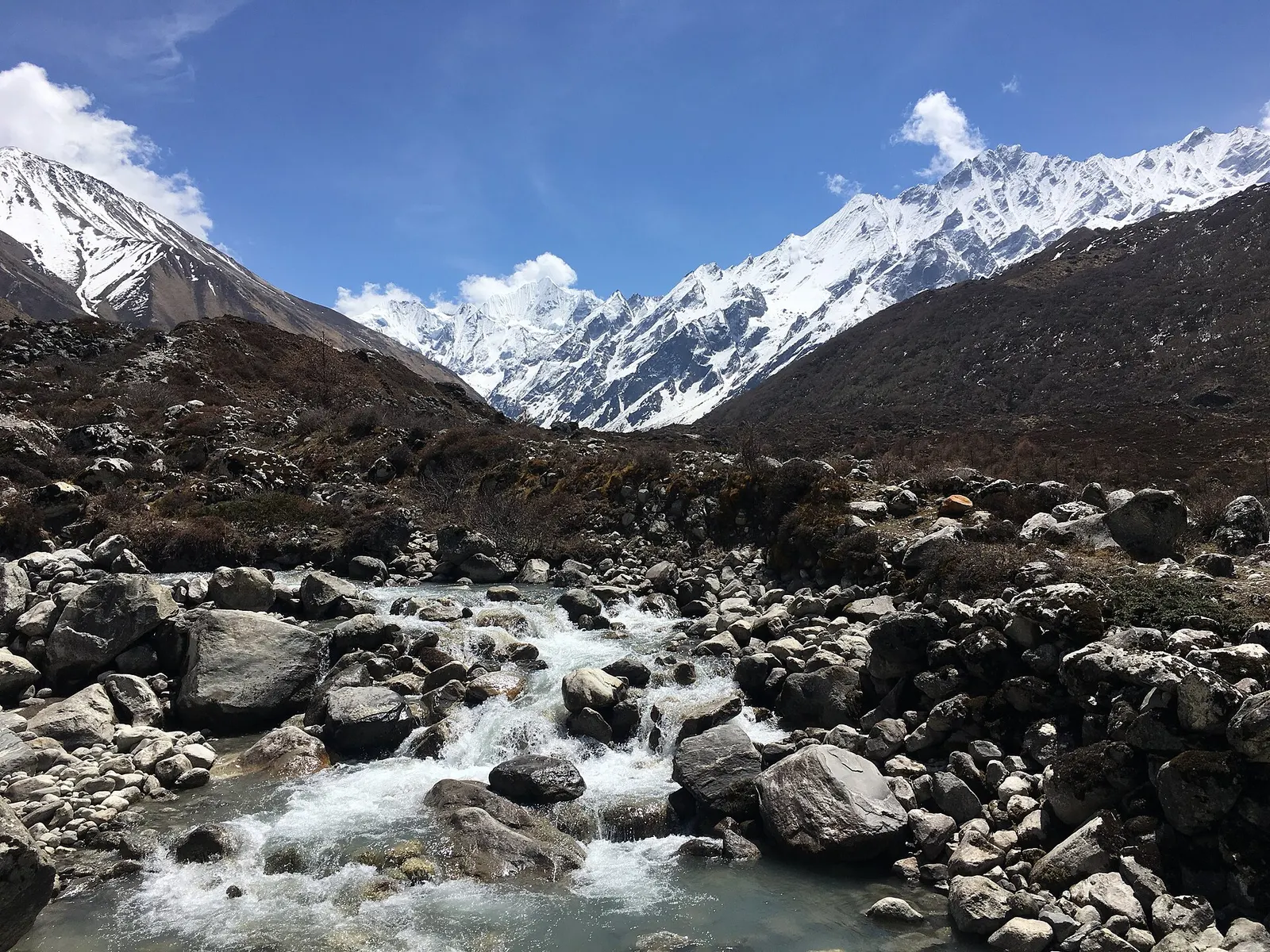 A glacial stream among boulders with the snow peaks of the Langtang Himal behind.