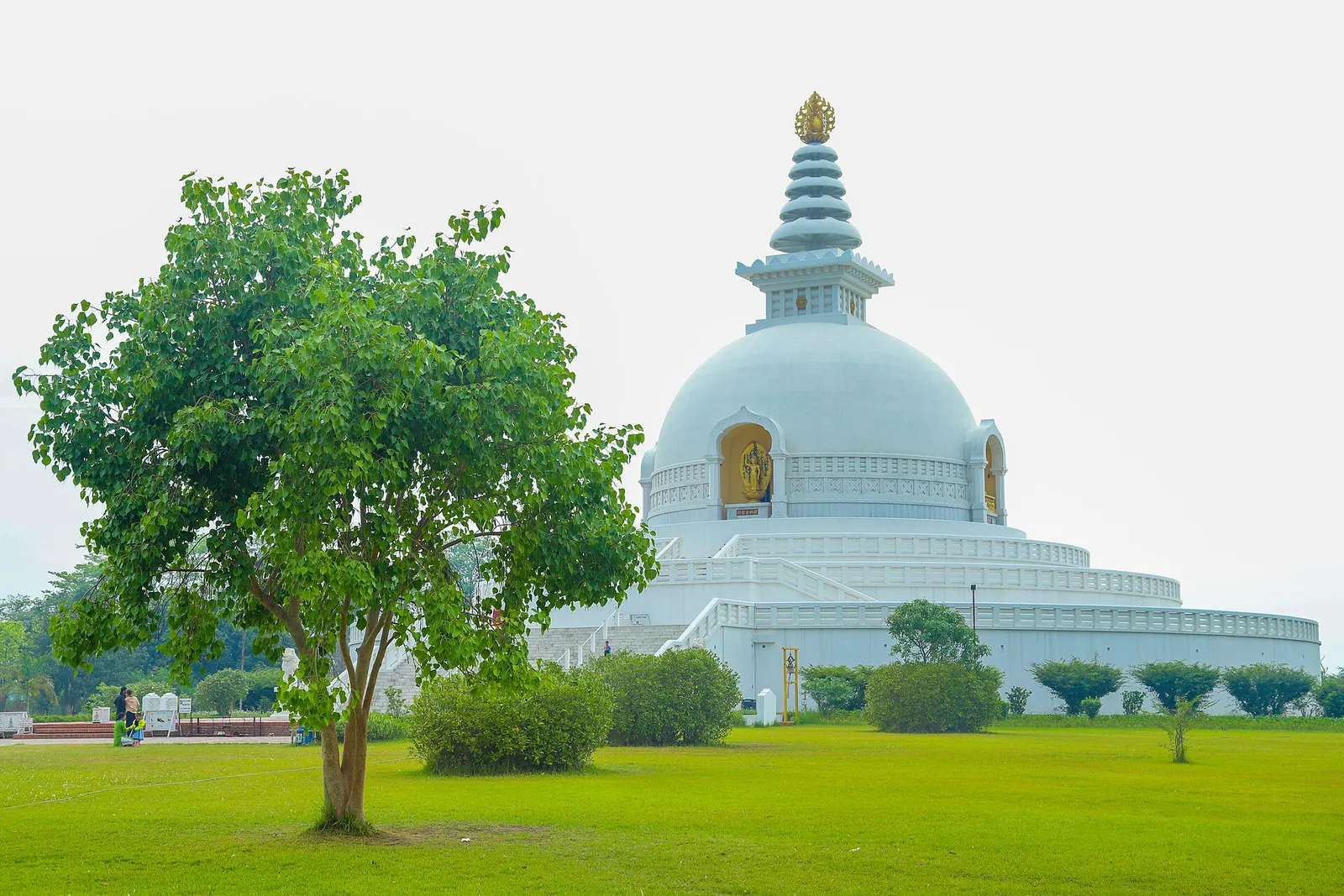 The white World Peace Pagoda at the northern end of the Lumbini complex.