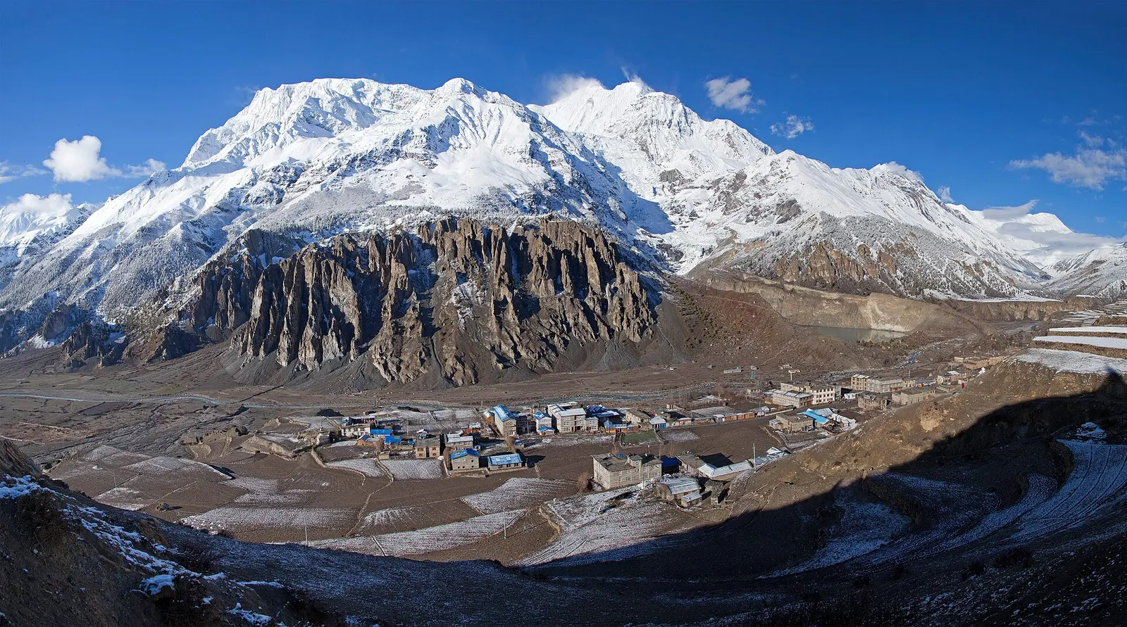 Manang village in the upper Marsyangdi valley with Annapurna III and Gangapurna behind.