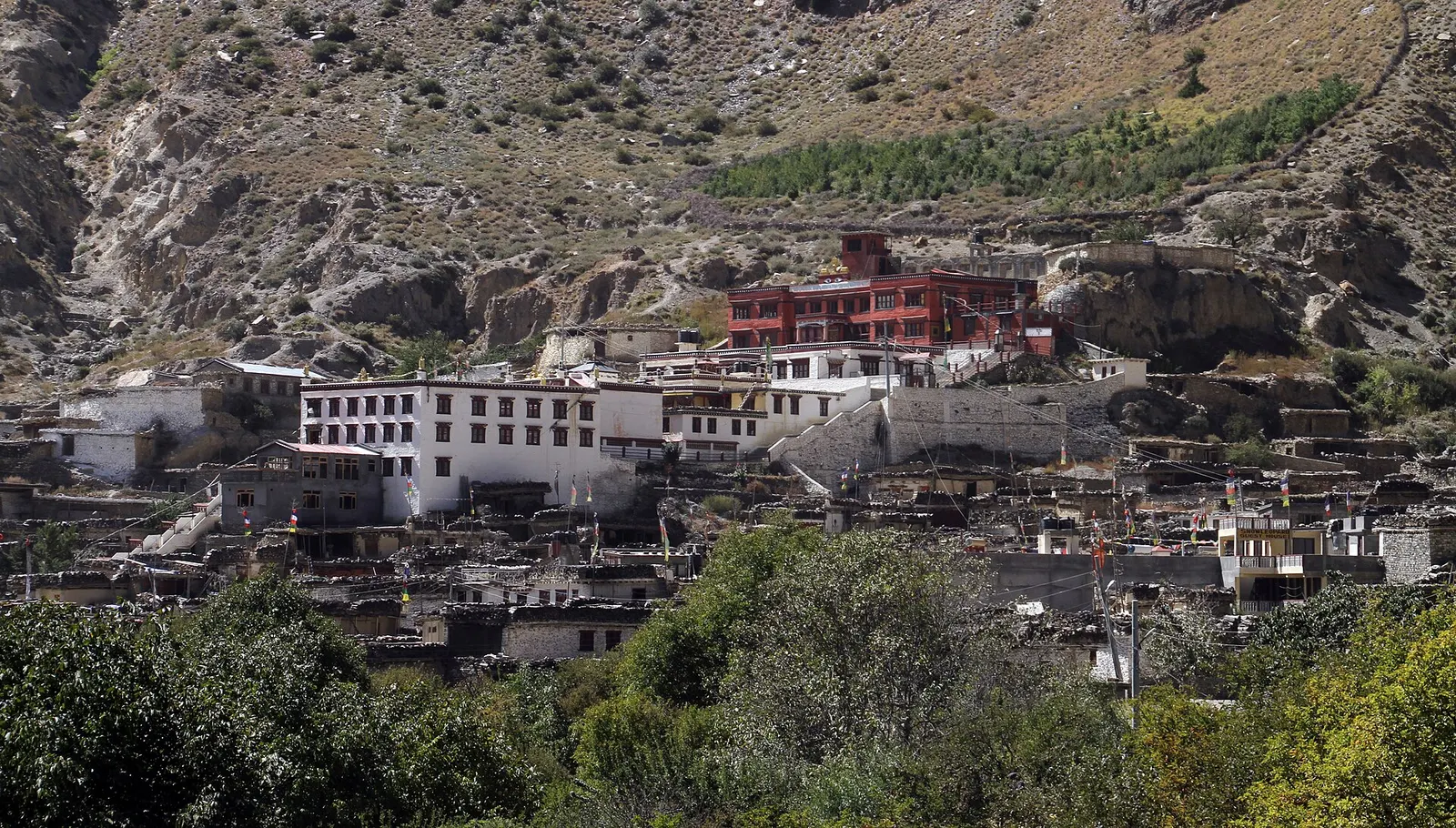 Whitewashed houses and the monastery of Marpha below a dry hillside.