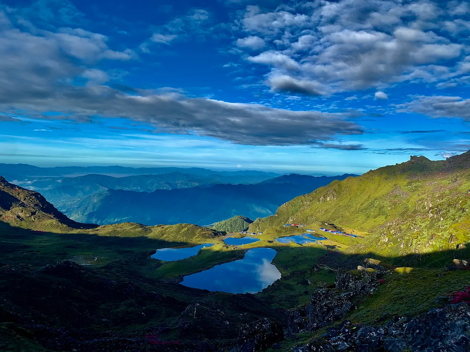The group of five holy lakes at Panch Pokhari seen from a viewpoint in early morning.