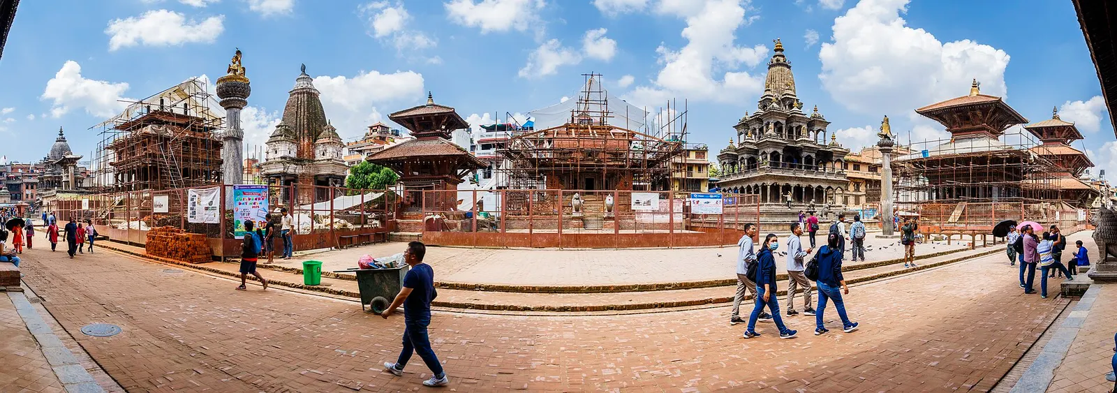 Panoramic view of the temples and palace of Patan Durbar Square.