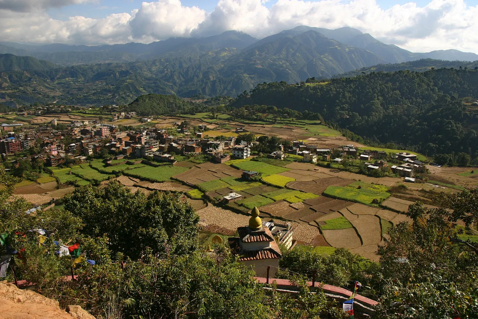 Terraced hillsides and buildings around Pharping on the southern rim of the Kathmandu Valley.