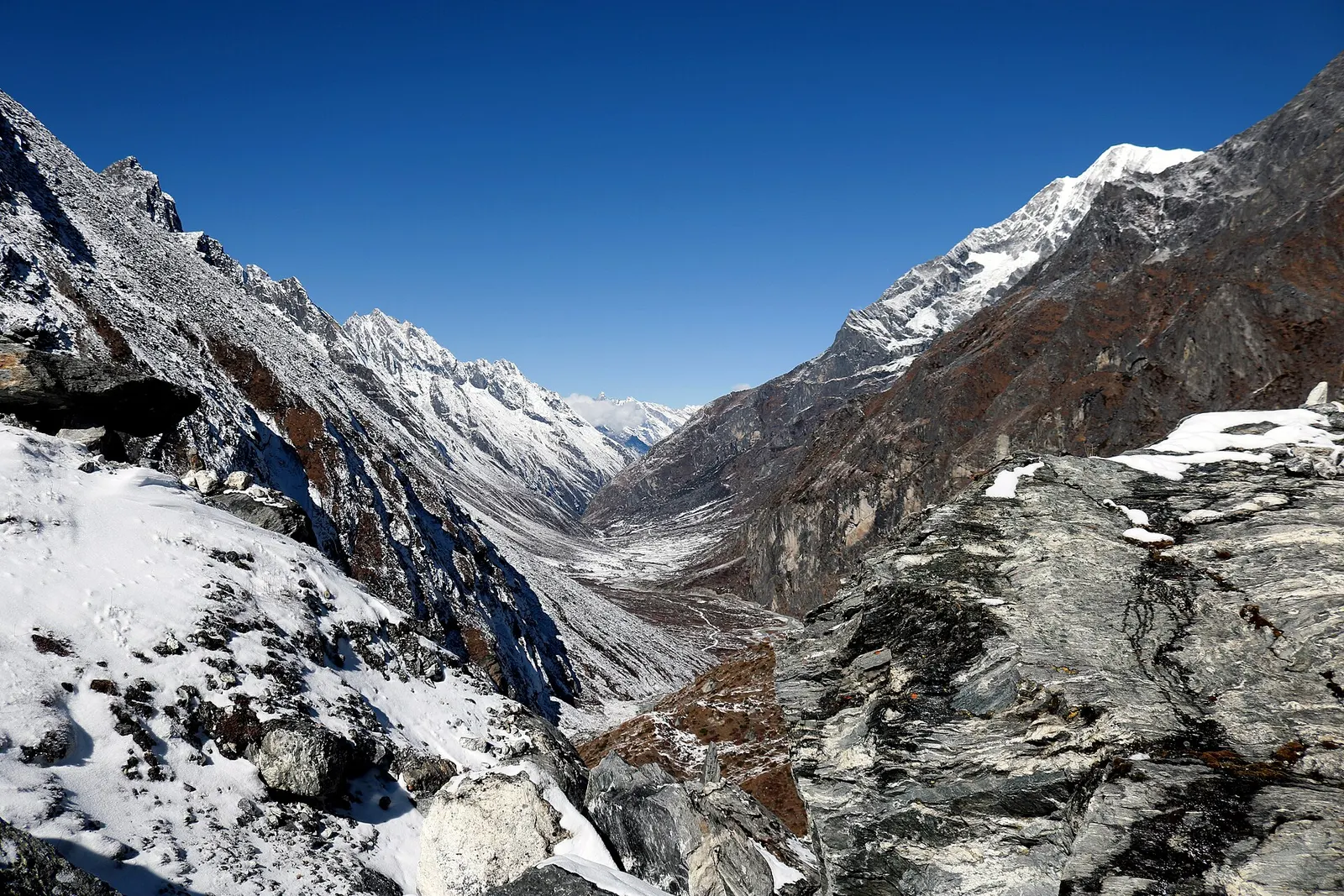 The Rolwaling valley seen from about 4,500 m near Tsho Rolpa, with mountains on either side.