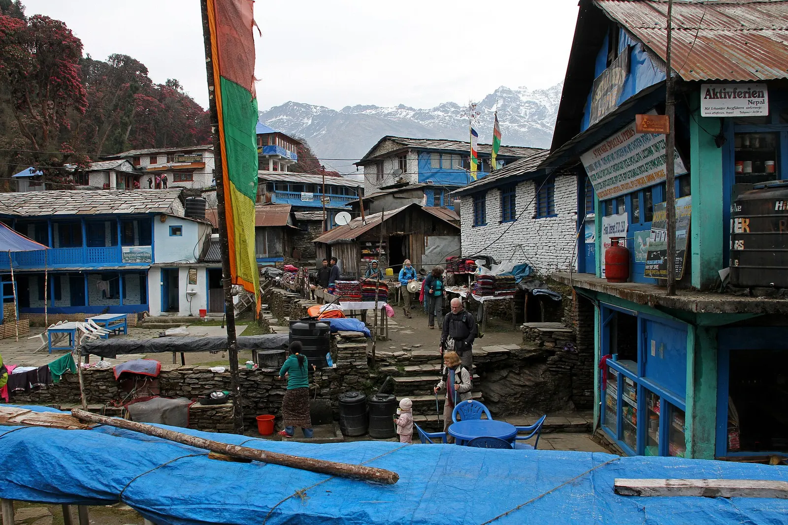 Painted wooden lodges and prayer flags along the trail at Tadapani, with snow peaks behind.