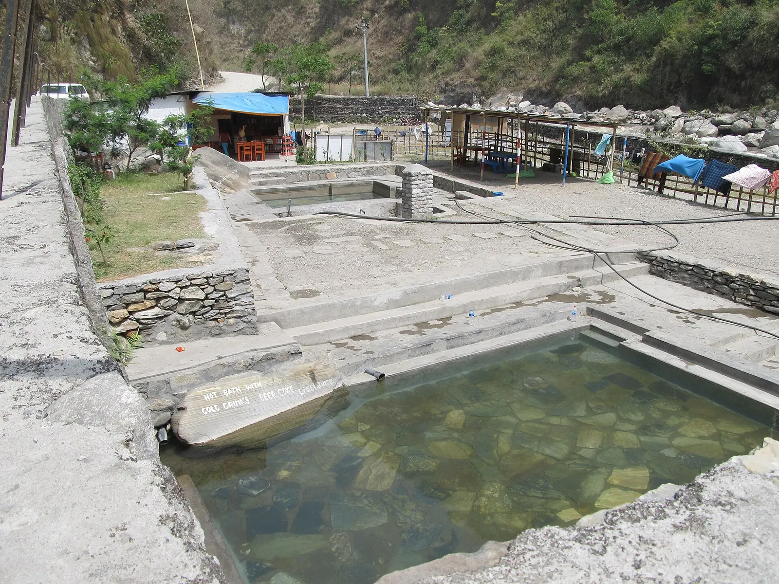 Hot spring pools at Tatopani beside the Kali Gandaki river, looking upstream.