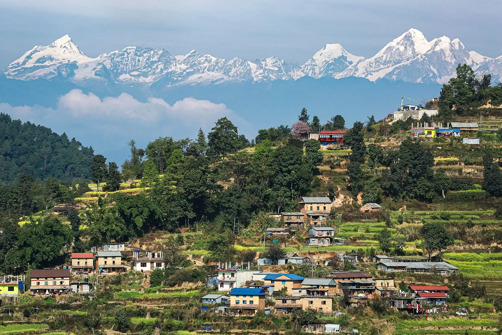 Terraced fields and houses of Bakhri Gaun on a hillside on the outskirts of Kathmandu, with the snowy Central Himalaya above the haze