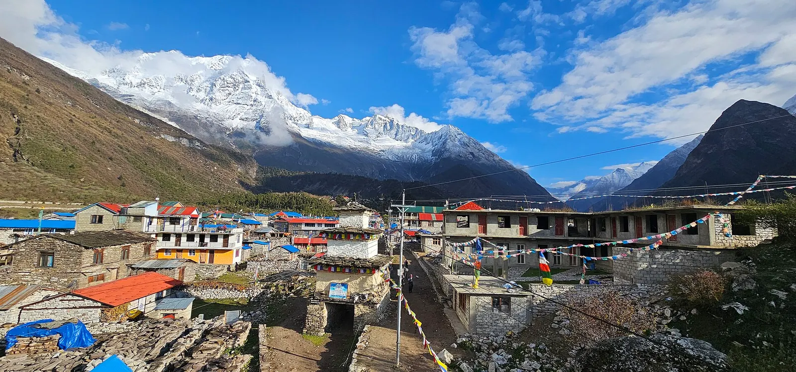 Stone houses and lodges of Samagaun with blue and red roofs, below snow-capped peaks of the Manaslu range.