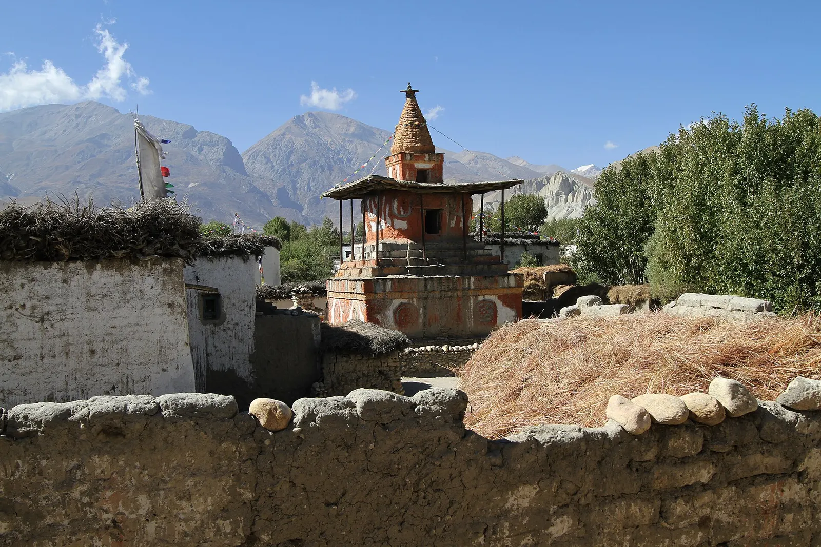 A large whitewashed chorten in the centre of Charang village.